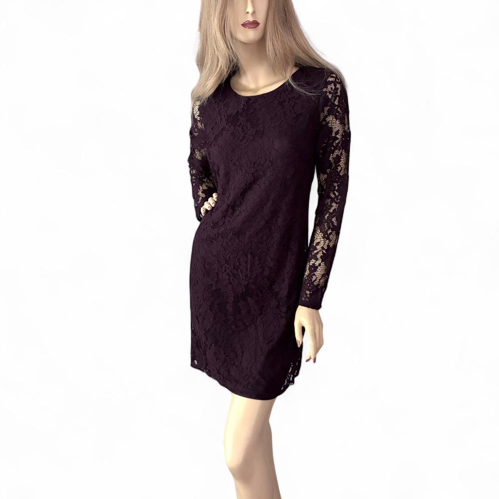 Plum Lace Shift Dress NWT Small | Retro 60s Mod Style | Long Sleeve Mini - Picture 3 of 9